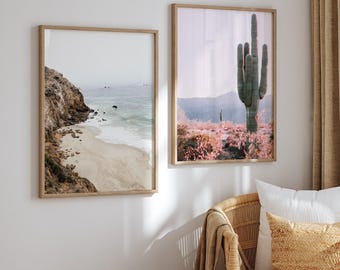Desert Cactus Set of 2 prints, Boho Coastal Wall Art, Malibu Beach Poster, Pastel Landscapes Set, Printable Wall Art