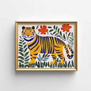 May include: A framed illustration of a yellow and blue tiger standing in a field of green leaves and red flowers.