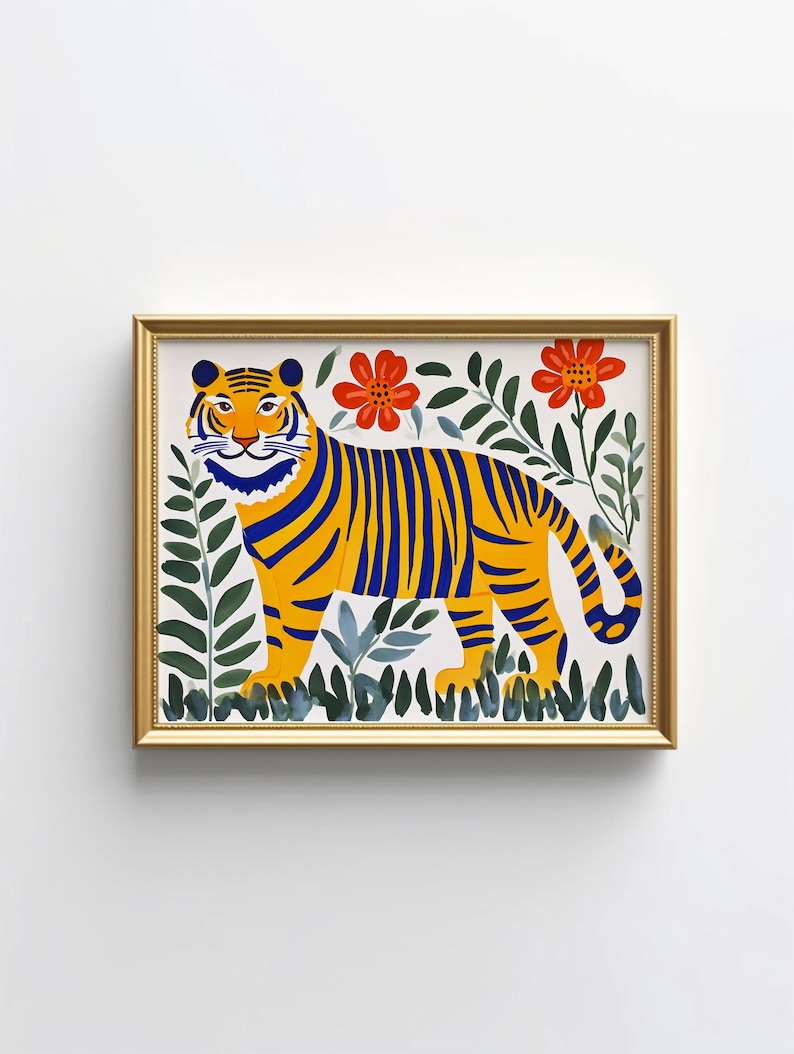 May include: A framed illustration of a yellow and blue tiger standing in a field of green leaves and red flowers.