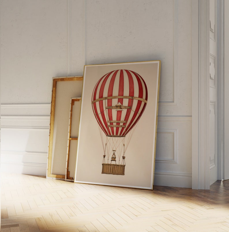 May include: A vintage-style illustration of a red and white striped hot air balloon with a wicker basket. The balloon is floating in the air against a beige background.