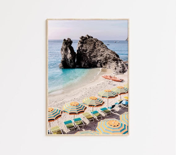 Cinque Terre print, Mediterranean coast print, travel Italy photography, italian coastal print, beach umbrellas poster, printable wall art