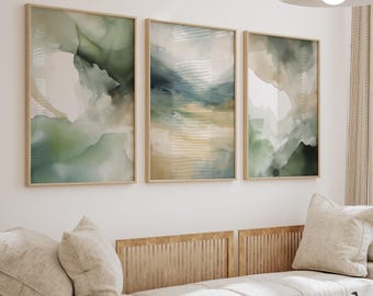 Sage green abstract prints set of 3, neutral soft green paintings, green abstract room artwork, modern printable wall art