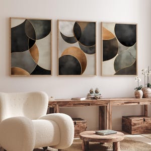 Abstract black brown prints set of 3, wabi sabi gallery artwork, modern minimalist circles art, large printable wall art