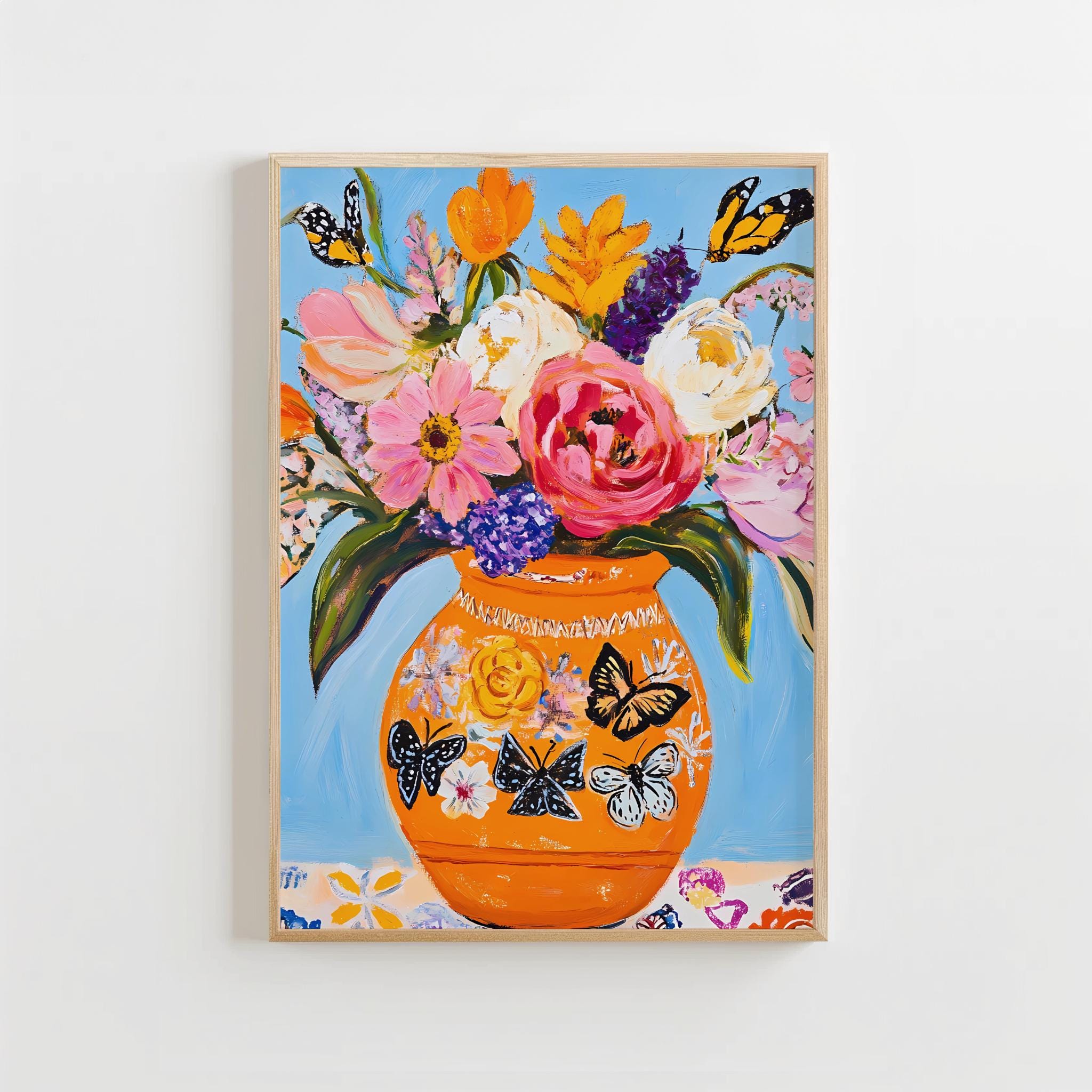 マキシマリストのカラフルな花瓶プリント、鮮やかな野生の花の絵画