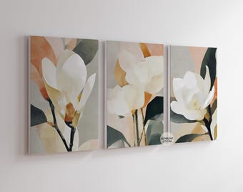 Abstract neutral flowers prints set of 3, modern minimalist botanical art, digital download