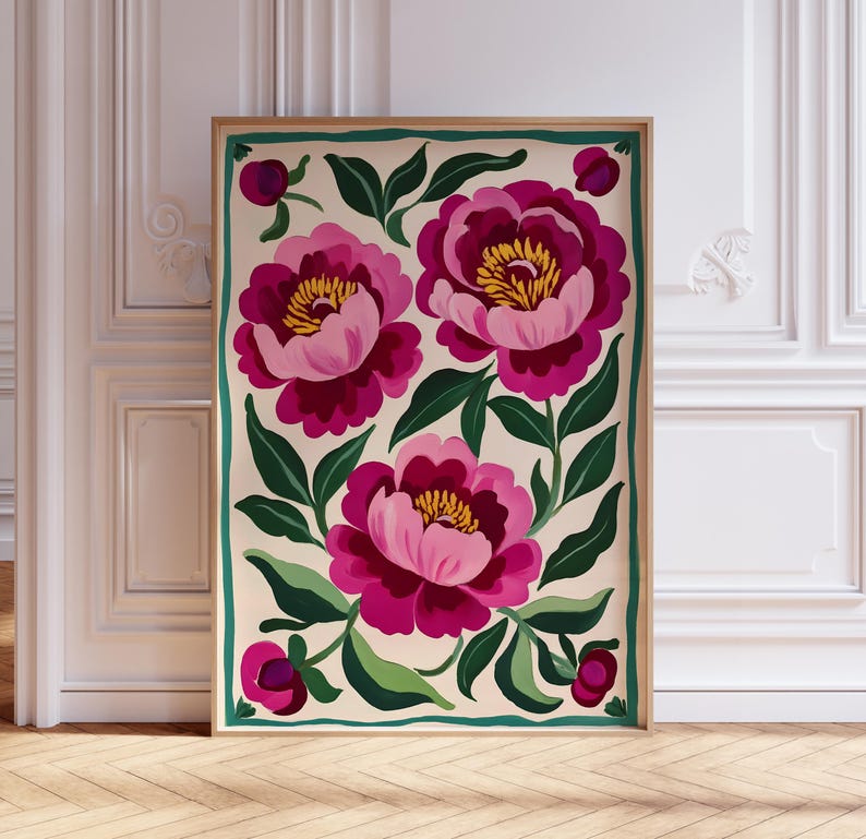 May include: A digital illustration of three pink and burgundy peonies with green leaves on a cream background. The flowers are framed in a green border.