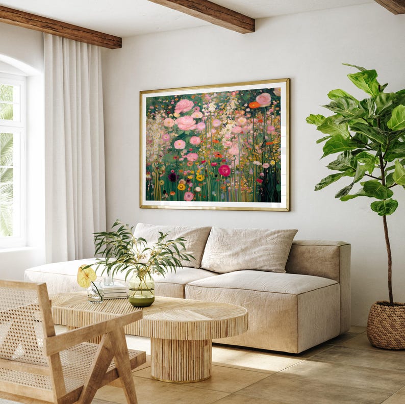 Gustav Klimt style Wildflower meadow print, horizontal abstract floral garden painting, digital download image 8