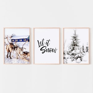 Winter holiday prints set of 3, christmas gallery art, snow landscape 3 piece wall art, printable festive photography