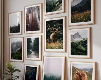 Nature Wall Art Set of 11 Prints, Nature gallery wall prints, Forest Mountain Posters, Highland Cow Print, Printable Wall Art