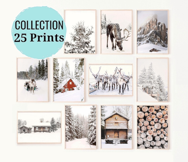 25 Prints Winter Wall Art, Christmas Prints, Gallery Wall Set, Holiday Prints Decor, Nordic Christmas Posters, Printable Wall Art 