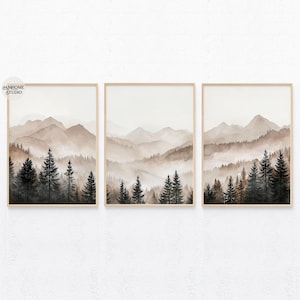 Abstract forest mountains triptych art, minimalist modern foggy landscape prints set of 3, printable neutral nature 3 piece wall art image 4