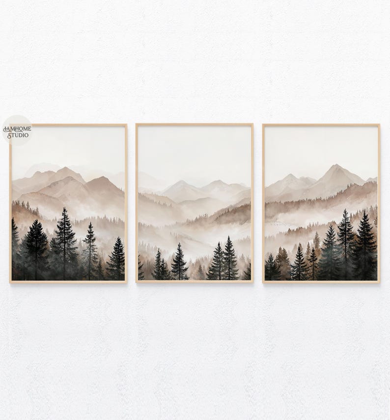 Abstract forest mountains triptych art, minimalist modern foggy landscape prints set of 3, printable neutral nature 3 piece wall art image 4