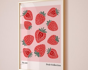 Modern cute strawberry art print, trendy strawberries fruit digital poster, kitchen printable wall art