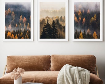 Misty Forest triptych wall art, fall nature prints set of 3, forest landscape photography, printable wall art