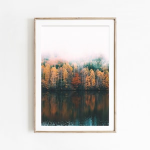 Waldlandschaft Druck, nordische Natur Fotografie, Natur Digitaldruck, nebliger Wald Poster, druckbare Wandkunst
