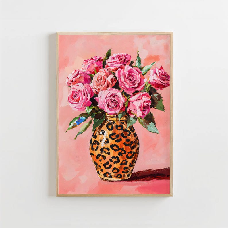 Vibrant Pink Roses Print, Leopard Vase Painting, Pinky Fashion Floral ...