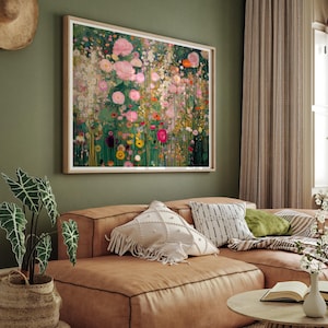 Gustav Klimt style Wildflower meadow print, horizontal abstract floral garden painting, digital download image 7