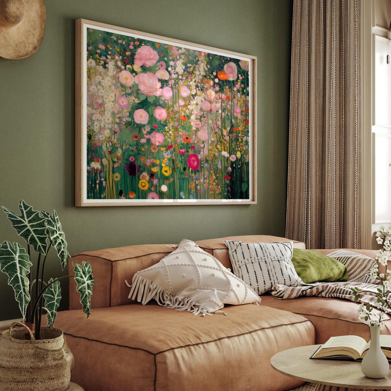Gustav Klimt style Wildflower meadow print, horizontal abstract floral garden painting, digital download image 7
