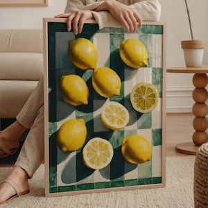 Lemons print, trendy checkered Fruit painting, yellow green kitchen poster, citrus Illustration, modern dining room printable wall art
