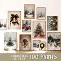 100 Vintage Christmas gallery wall prints, neutral winter paintings, farmhouse holiday printables
