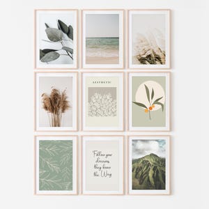 May include: Nine framed art prints with a minimalist aesthetic. The prints feature botanical illustrations, beach scenes, and inspirational quotes. The frames are light wood, and the overall color palette is neutral with green and beige accents.