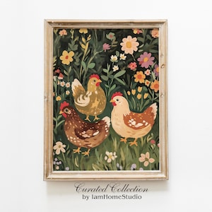 Kippenprint boerderij kinderkamer, rustieke kippen schilderen, schattige landelijke dieren voor kinderkamer, afdrukbare muurkunst cottage kern