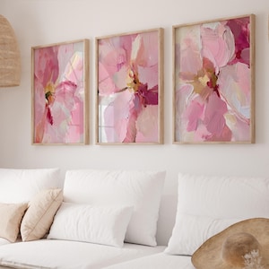 Abstract pink flowers painting, blush pastel pink floral prints set of 3, modern peony digital artwork, printable wall art