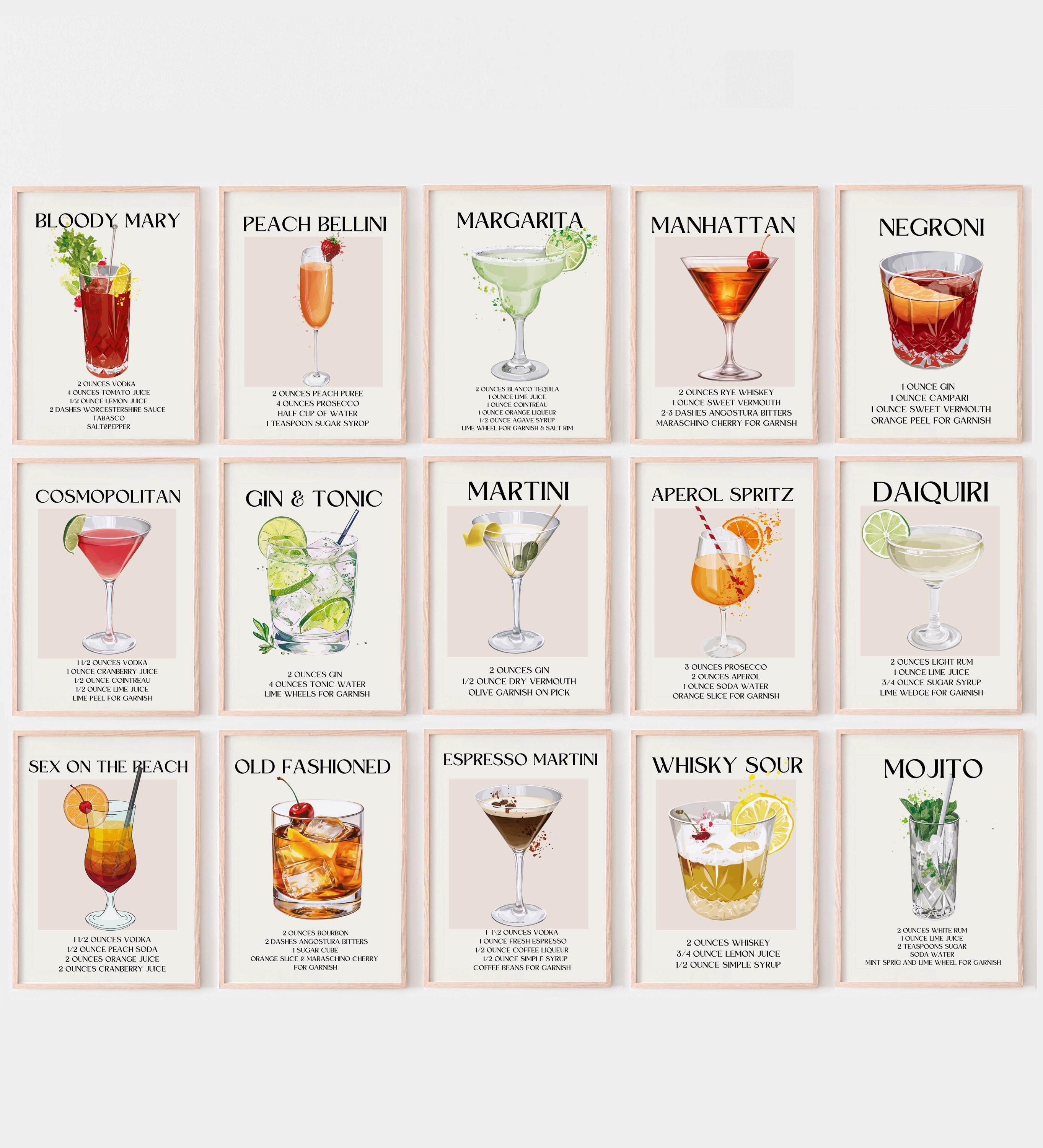 Classic Alcohol Cocktails Prints, Bundle Set of 15 Prints