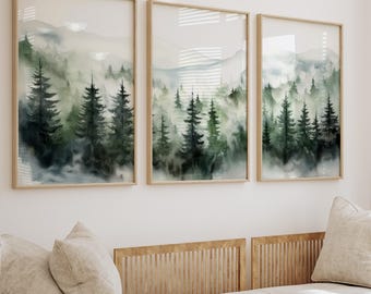 水彩画の森の松の木の壁アート、濃い緑の自然プリント3枚セット、霧の森の山の風景三連画、印刷可能な壁アート