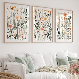 Juego de 3 impresiones de flores silvestres pastel, pósteres de flores coloridas neutrales bohemias, arte de pared imprimible minimalista para habitación con flores silvestres