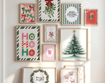 Cute Christmas gallery wall set of 10 prints, modern festive posters, trendy holiday printables, Digital Download