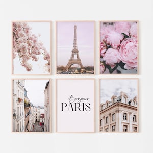Paris wall art, gallery wall set of 6 prints, pink Paris photography prints, fashion flower posters, printable wall art