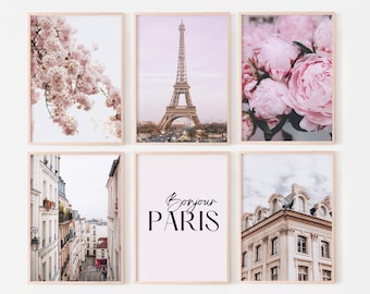 Paris wall art, gallery wall set of 6 prints, pink Paris photography prints, fashion flower posters, printable wall art