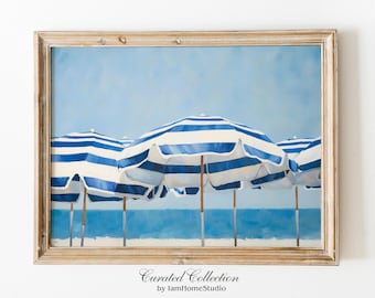 Blue beach print, navy beach umbrellas painting, vintage summer coastal artwork,  printable wall art