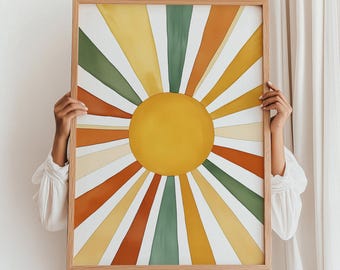 Boho sunburst art print, playroom nursery sun poster, retro abstract sun rays print, large room printable wall art