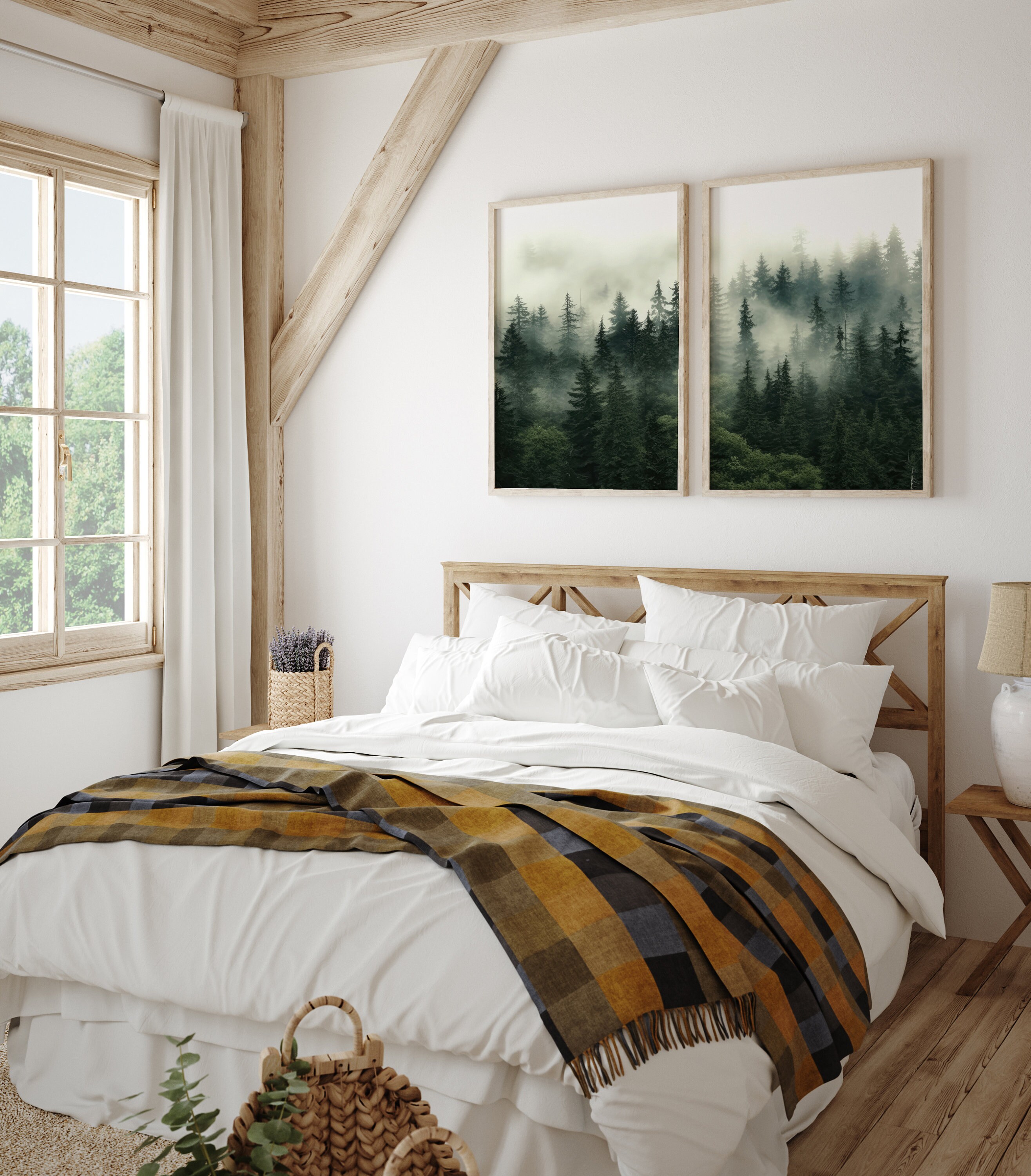 Dark Foggy Forest 2 Piece Wall Art, Misty Pine Trees Forest Prints ...
