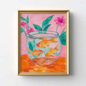 Gold fish print, goldfish still life painting, colorful fish artwork, modern sea animal poster, trendy maximalist room printable wall art