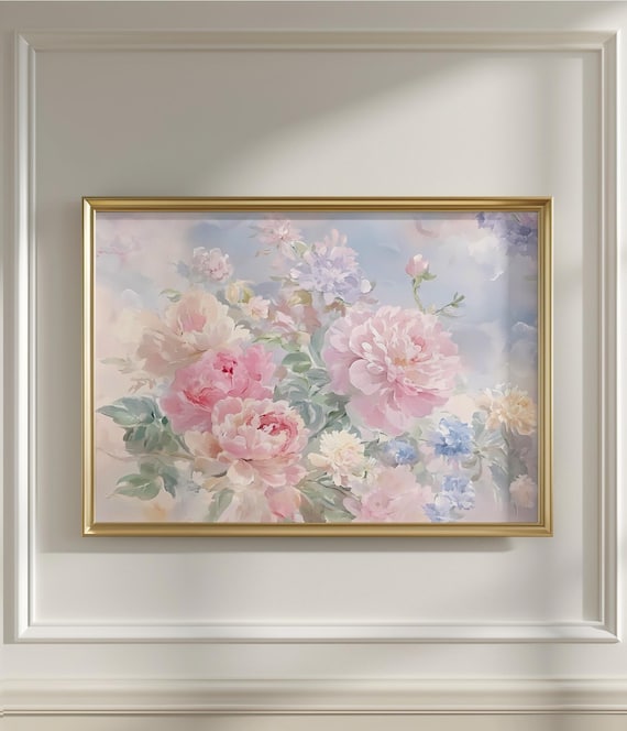 柔らかいピンクのバラの絵画プリント、パステルピンクの青い花の花束