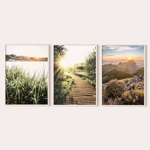 Natur Fotografie Drucke Sonnenuntergang, Natur Poster Set von 3, Berglandschaft Poster, Waldweg Druck, druckbare Wandkunst