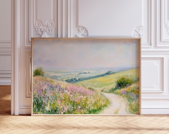 Pastel spring floral meadow painting, wildflower landscape art print, digital download