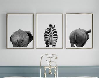 Divertidos estampados de traseros de animales, arte mural de animales de safari en blanco y negro para el baño (descarga digital)