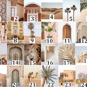 Op de afbeelding: Een collage van vierentwintig afbeeldingen met woestijnlandschappen, palmbomen, sierlijke architecturale details met geometrische tegelpatronen, boogdeuren, een leeuw, een kameel, een trap, een gouden palmblad en decoratieve keramische borden.