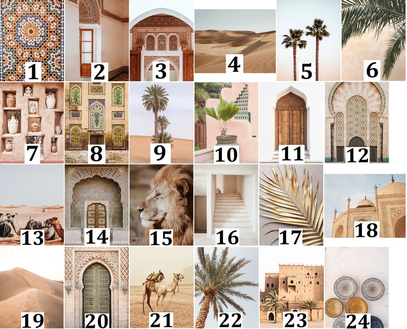 Op de afbeelding: Een collage van vierentwintig afbeeldingen met woestijnlandschappen, palmbomen, sierlijke architecturale details met geometrische tegelpatronen, boogdeuren, een leeuw, een kameel, een trap, een gouden palmblad en decoratieve keramische borden.