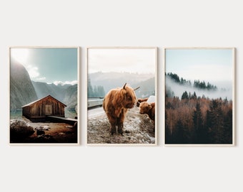 Highland Cow Print Set, Digital Files, Nordic 3 piece wall art, Rustic Forest Print, Forest Cabin, Printable wall Art