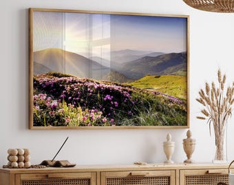 Mountains sunset landscape print, wildflowers nature photography, sunset scenery printable wall art