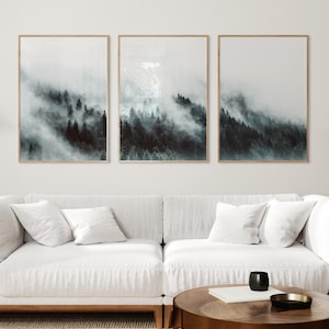 Misty foggy forest wall art set of 3 prints, forest mountains 3 piece wall art, nature triptych photography, digital download