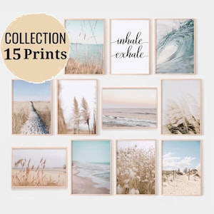 Boho strand muurdecoratie, kustgalerij muurset van 15 prints, neutrale pampasgrasfotografie, printbare muurdecoratie