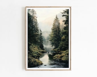 Impresión de paisaje forestal, póster digital de naturaleza de bosque verde oscuro, arte de pared imprimible
