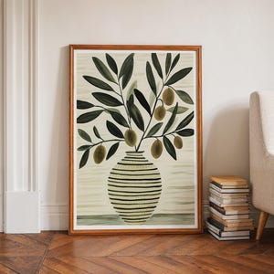 Olive branch sage green print, olive tree in vase painting, printable wall art