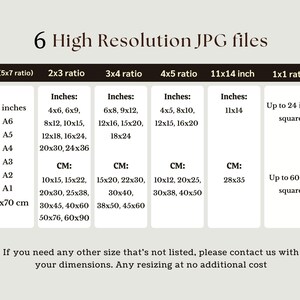 May include: A chart showing different sizes and dimensions for high-resolution JPG files. The chart is divided into six columns, each representing a different aspect ratio or size. The first column is labeled "ISO (5x7 ratio)" and lists sizes in inches, including 5x7, A6, A5, A4, A3, A2, A1, and 50x70 cm. The second column is labeled "2x3 ratio" and lists sizes in inches and centimeters. The third column is labeled "3x4 ratio" and lists sizes in inches and centimeters. The fourth column is labeled "4x5 ratio" and lists sizes in inches and centimeters. The fifth column is labeled "11x14 inch" and lists the size 11x14. The sixth column is labeled "1x1 ratio" and lists sizes in inches and centimeters, including "Up to 24 inch square" and "Up to 60 cm square".